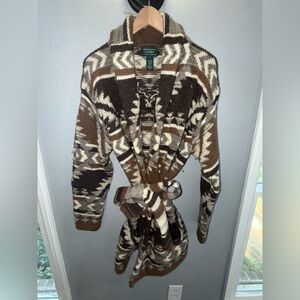Ralph Lauren Southwestern Navajo 100% Wool Hand Knit Cardigan Waist Tie S/P Polo